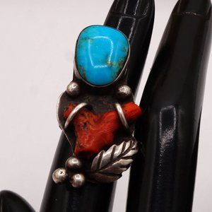 Vintage Southwest Turquoise & Coral Native American Style Silver Ring Size 4.75